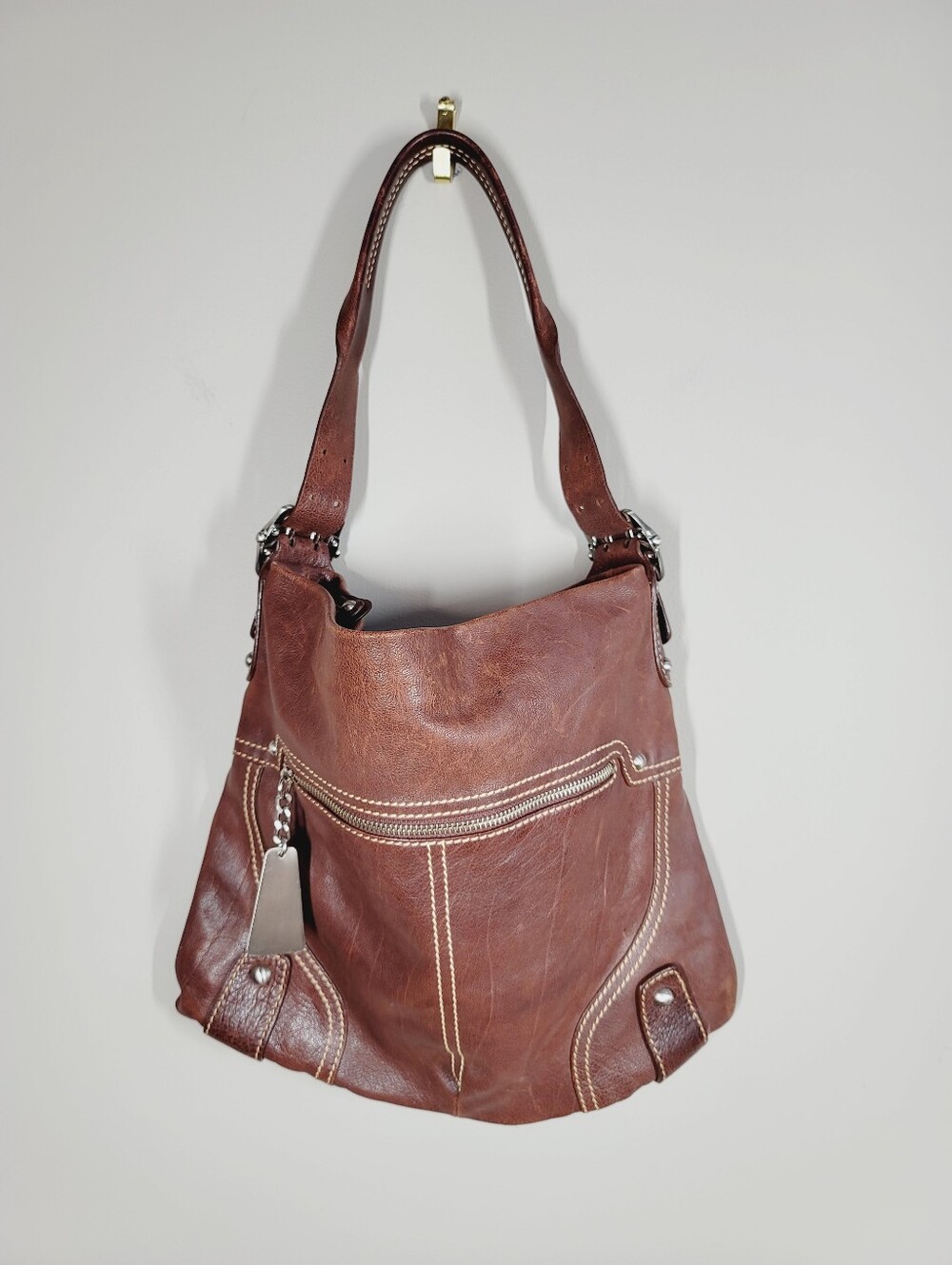 Via Spiga Goat Leather Shoulder Bag with Contrast Stitching